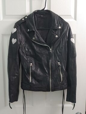 Mauritius Leather Jacket Reo RF Heart Black Moto Lambskin Women's Size 9/10